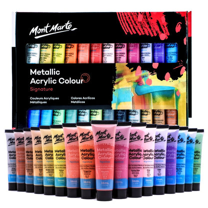 Mont Marte Signature Metallic Acrylic Paint Set – 12 & 24 Colors (36ml Each) for Stunning Metallic Effects