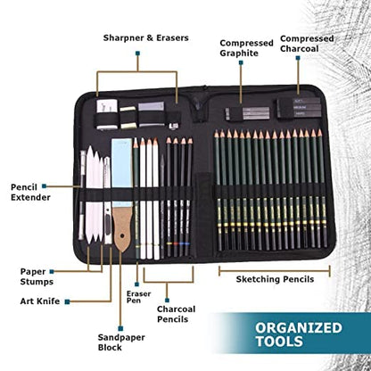 42-Piece Artist Sketching Set with Zipper Case | Art Supplies